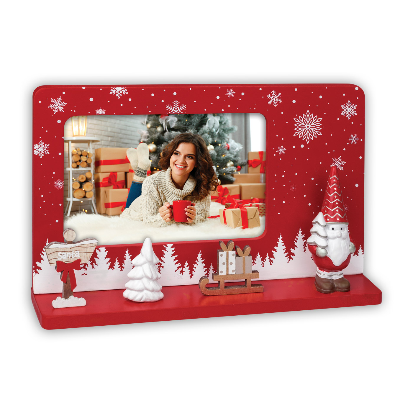 Marco decorativo de madera navideño rojo